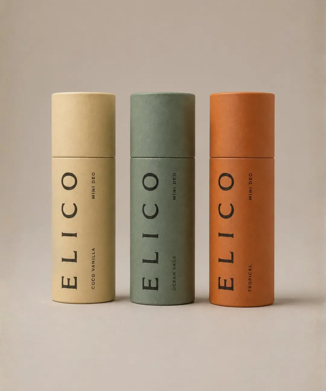 Mini Deo i alla tre dofter — Coco Vanilla, Ocean & Sage och Tropical — i papptub