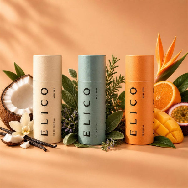 Tre mini deo-tuber bland frukt och blad