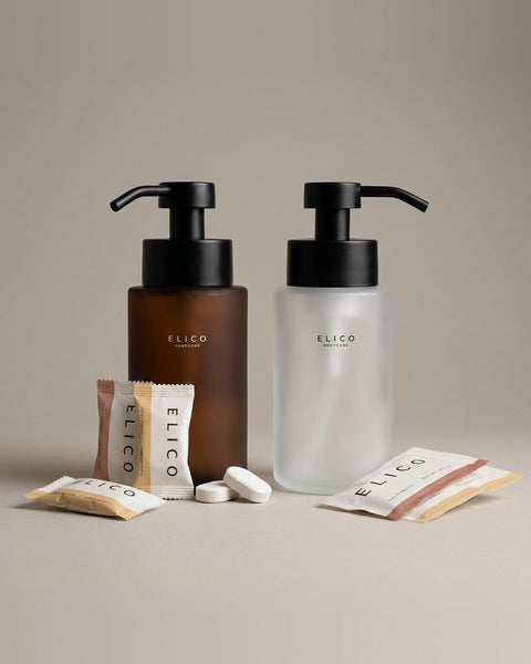Hand and Body duo: tvål- och body wash-dispenser i glas med refills