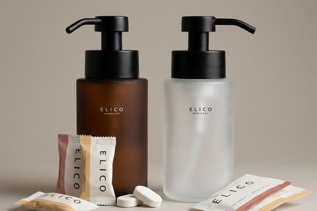 Bärnstensfärgad body wash och frostad handtvål med refills
