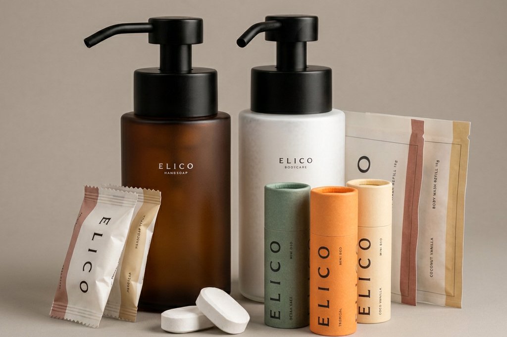 Bärnstensfärgad och frostad dispenser med refills och Mini Deo