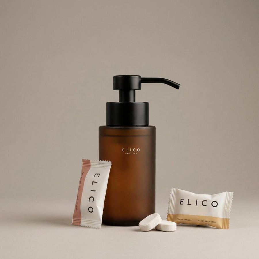 Handtvål Startkit: 300 ml dispenser i frostat glas med matt svart pump och refill-tabletter