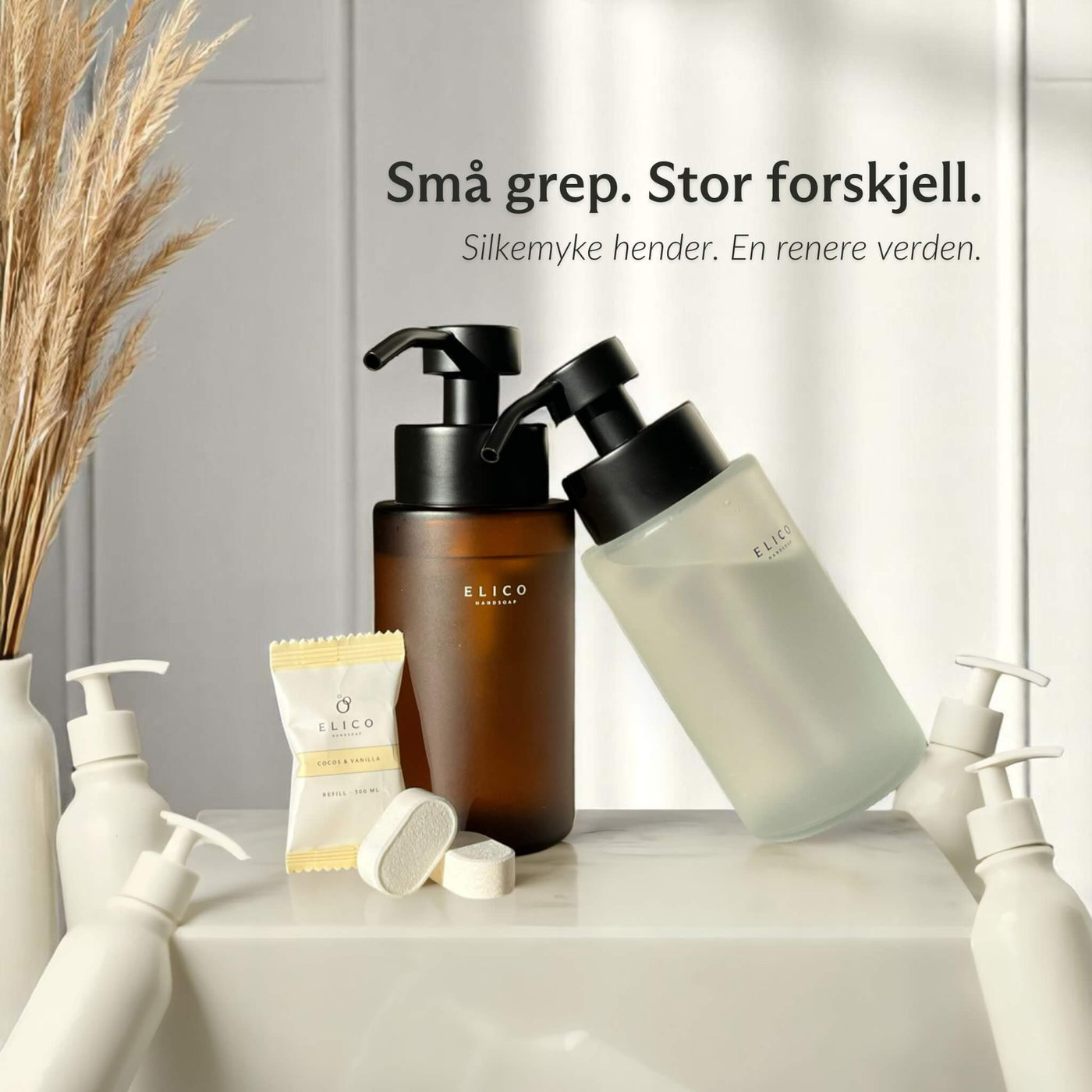 Varje refill från Elico sparar en plastflaska – rena händer, rent samvete. En refill i taget