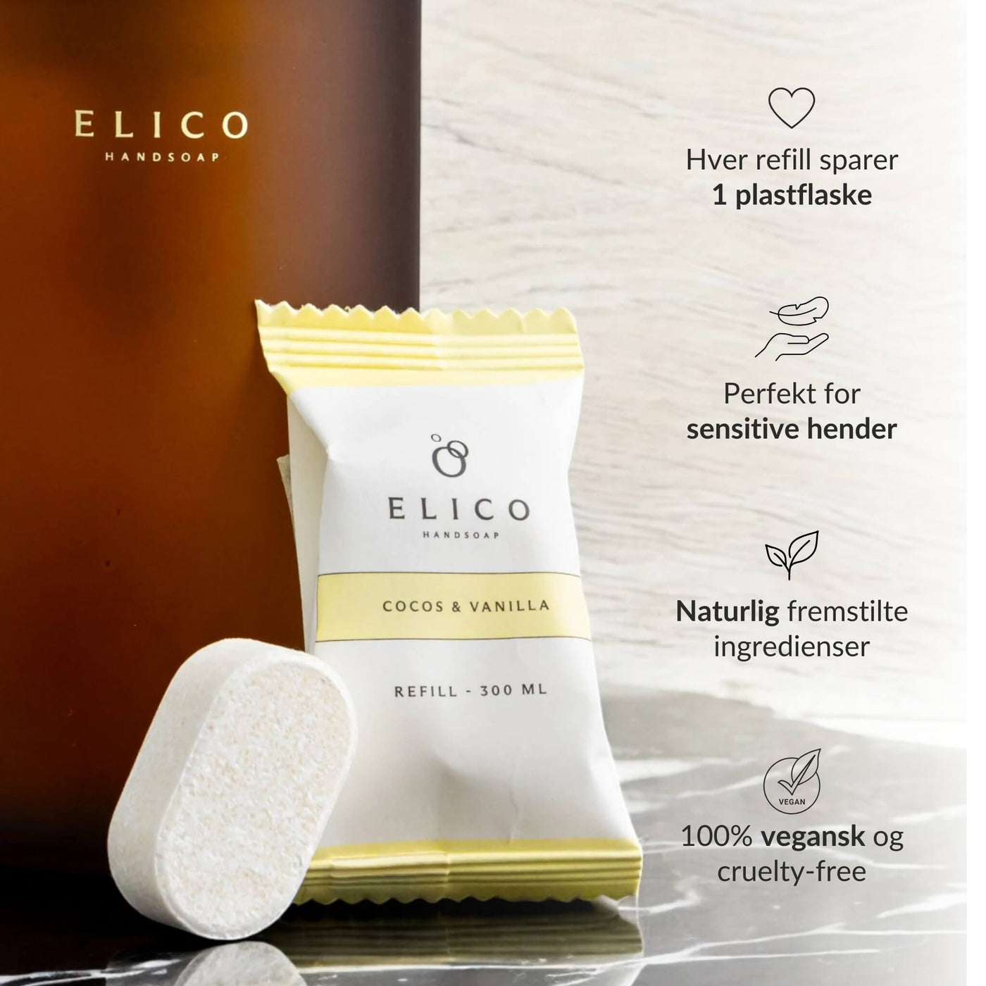 Elico refill tvåltablett i doften Coco & Vanilla – varje refill sparar en plastflaska, perfekt för känsliga händer, tillverkad med naturligt baserade ingredienser och vegansk