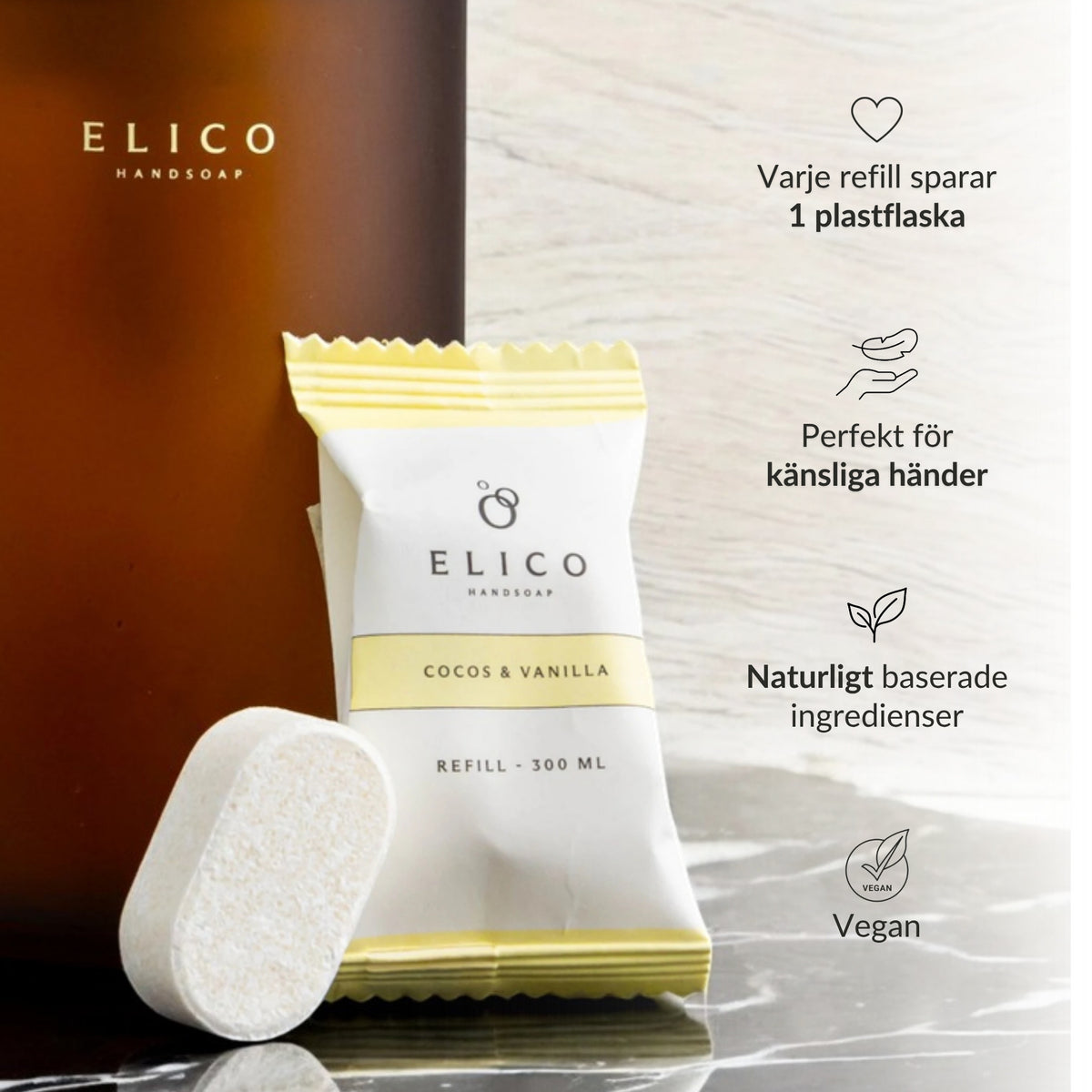 Elico refilltablett för handtvål i doften Cocos & Vanilla: varje refill sparar en plastflaska, perfekt för känsliga händer, naturligt baserade ingredienser och vegansk