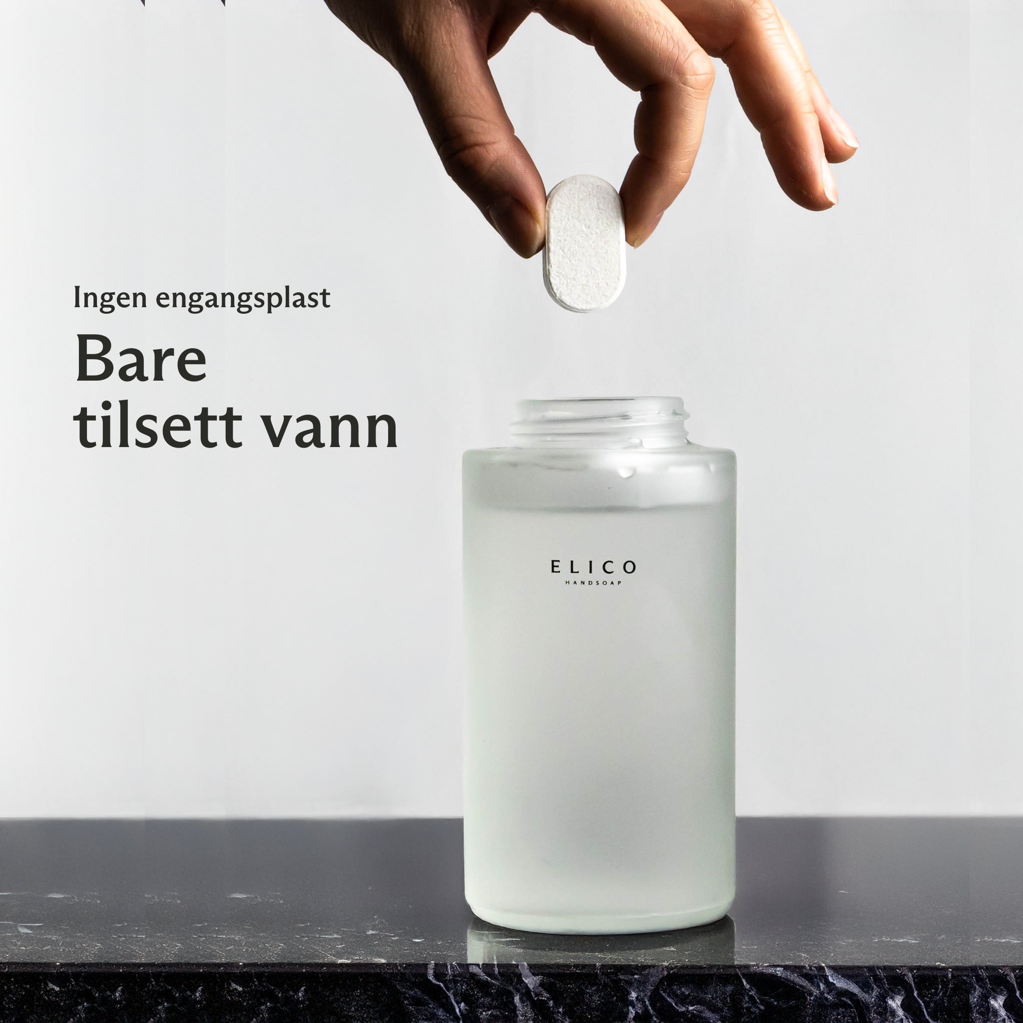 Refill tvåltablett till handtvål från Elico, blandas med vatten i glasdispenser – utan engångsplast