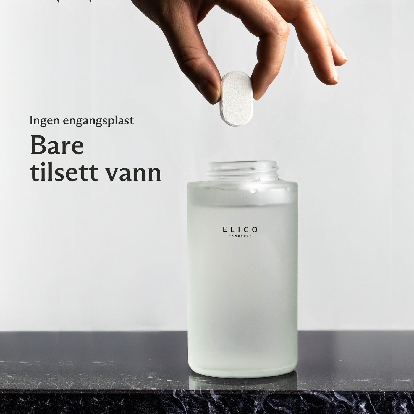 Refill tvåltablett till handtvål från Elico, blandas med vatten i glasdispenser – utan engångsplast