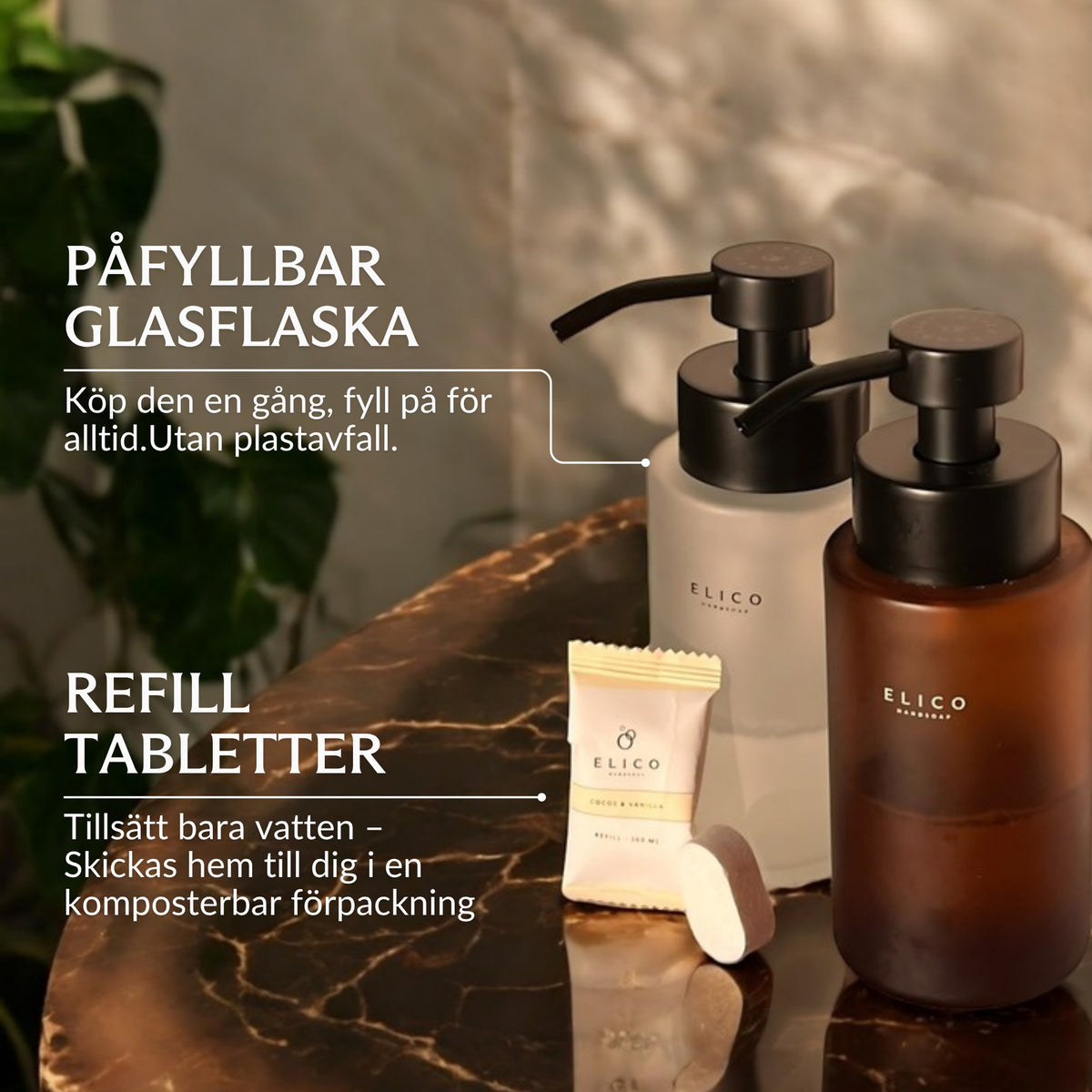 Påfyllningsbara glasdispensrar och refilltabletter för handtvål från Elico: köp flaskan en gång och fyll på med vatten och en tablett