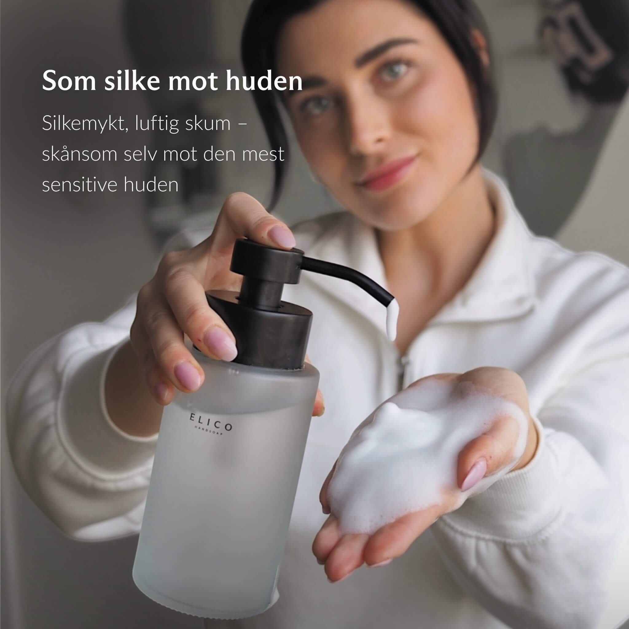 Silkemykt, luftig skum fra Elico håndsåpe refill i glassdispenser – skånsom selv mot den mest sensitive huden