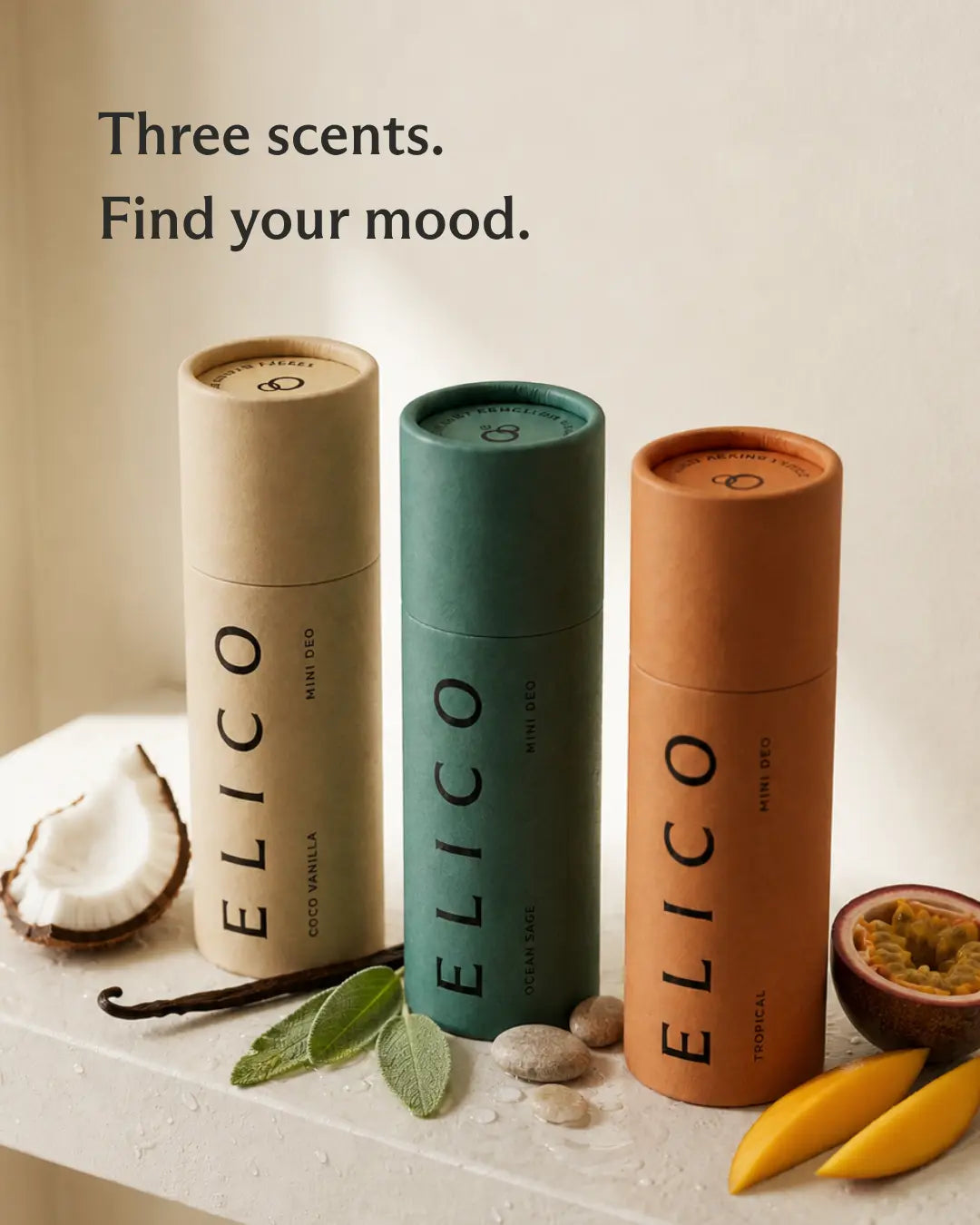Mini Deo i tre dofter omgiven av kokos, vaniljstång, salvia och mango